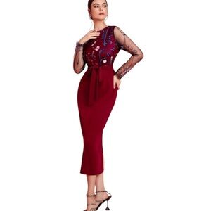 Embroidered Burgundy Sheer Sleeve Belted Dress Size 6/Medium